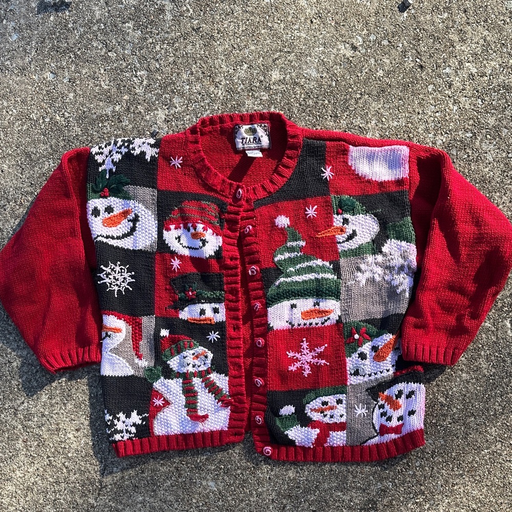 Tiara International Crochet Red Christmas Snowman Cardigan